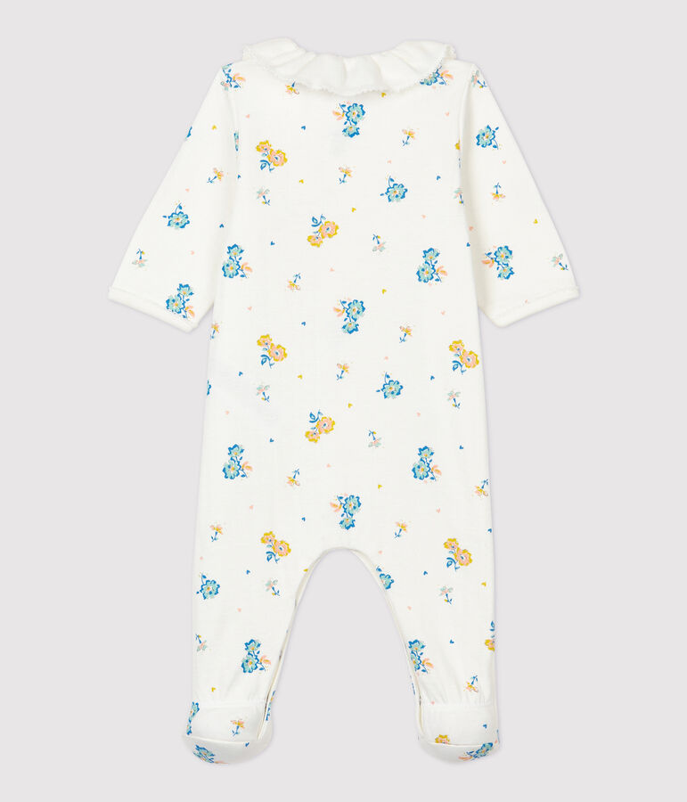 Baby-Strampler aus Bio-Baumwoll-Velours mit Kragen und Blumenmuster weiss MARSHMALLOW/weiss MULTICO